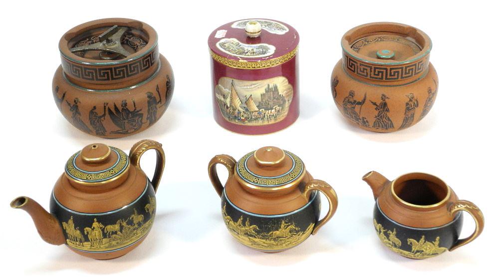 Collection of 6 Prattware Teapots & Pots, Various Patterns, Condition Noted, 4 1/2".: Collection of 6 Prattware Teapots & Pots, Various Patterns, Condition Noted, 4 1/2".