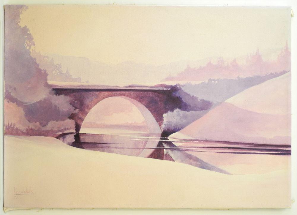 Oil on Canvas Signed Bruce Clark 1973, 24" x 34", "Bridge Vista", Unframed. (1 of 2)