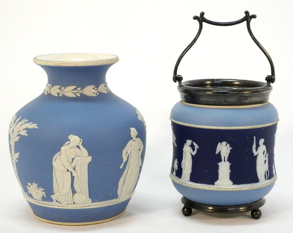 2 Pieces of Wedgwood Jasperware: Vase (As Found, 7 1/2") & Biscuit Barrel, No Cover, 6 1/4". (1 of 2)