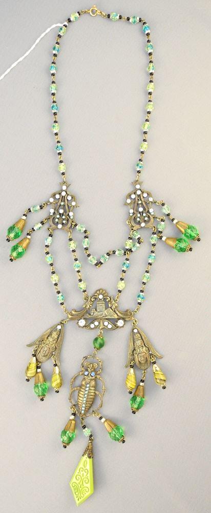 Elaborate Czech. Glass & Metal Egyptian Revival Necklace, 21" Length, 8" Drop.: Elaborate Czech. Glass & Metal Egyptian Revival Necklace, 21" Length, 8" Drop.