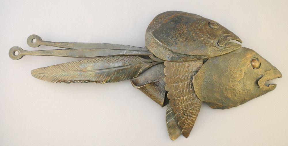 Welded & Forged Sculpture Signed Doug Alcock 2006, "Feather & Fish Heads", 20 1/2" High. (1 of 6)
