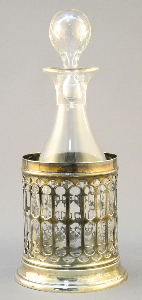 Hallmarked Silver Bottle Caddy (85 Grams) with Glass Bottle, TH:8 5/8". (1 of 3)