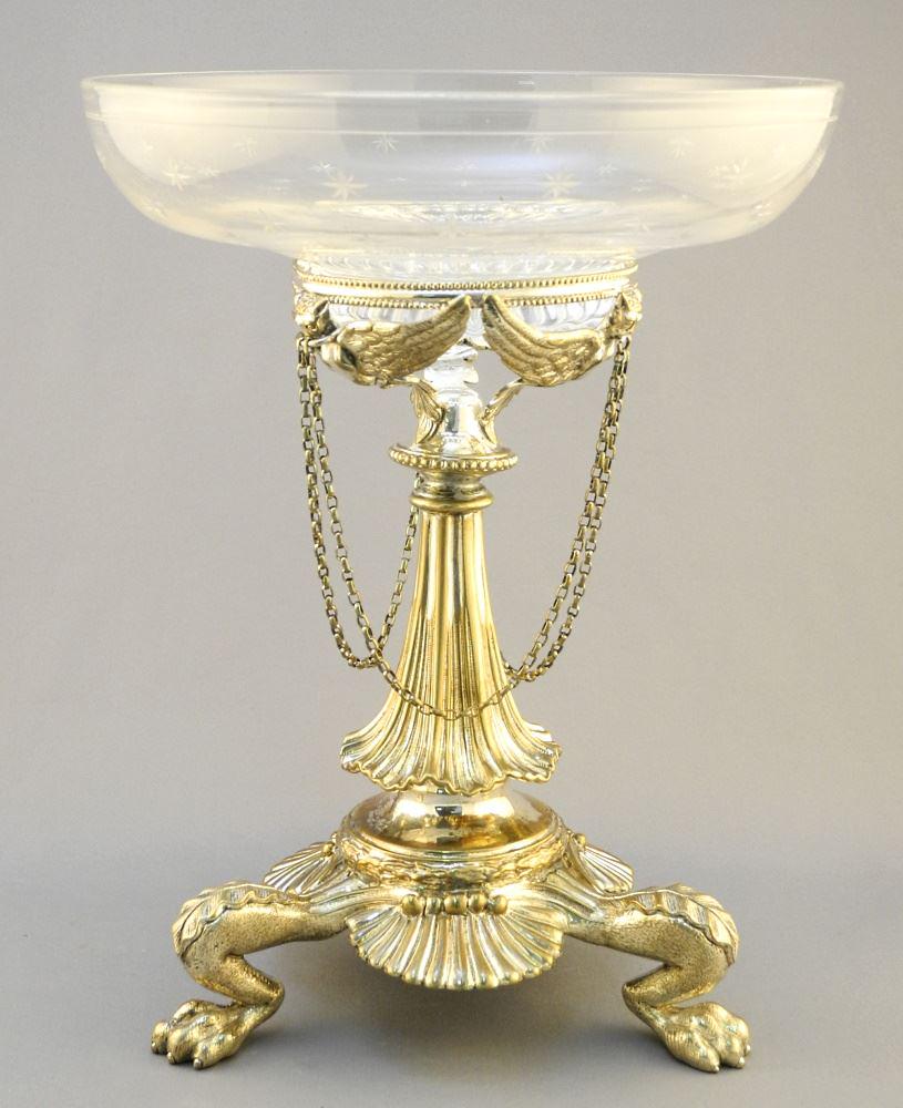 Silver Plated Pawfoot Tazza Supporting a Stuart Crystal Bowl, Total Height 11" (1 of 4)