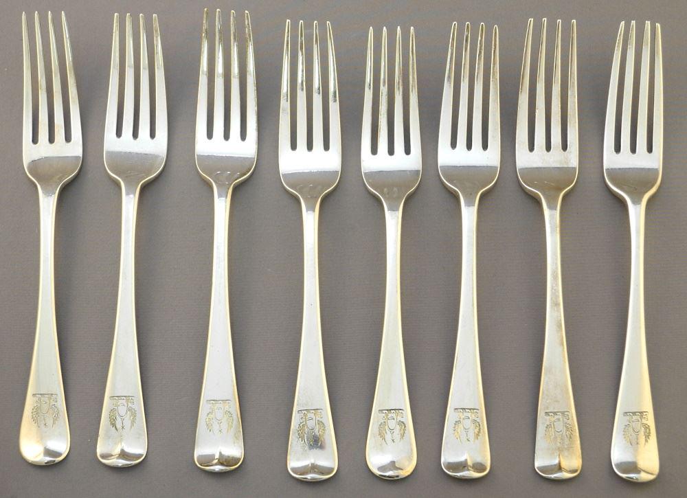 8 Georgian Hallmarked Silver Dinner Forks, G.Smith et al, London,ca.1804 501 grams, 7 7/8" Long (1 of 3)