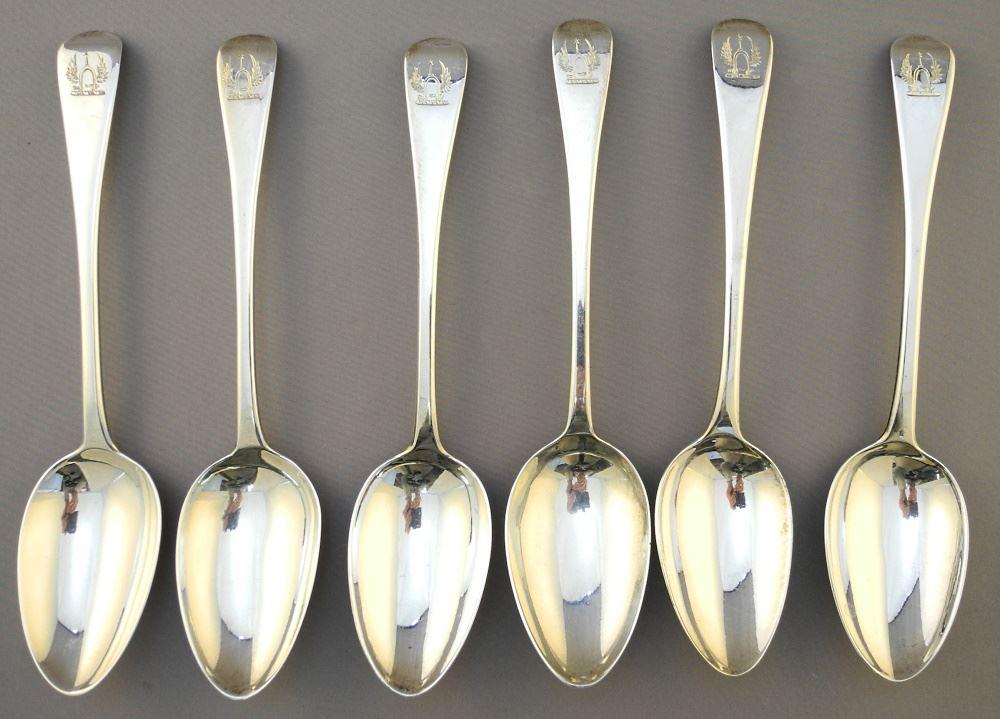 6 Hallmarked Silver Table Spoons, Eley & Fearn, London, 1781/1802, 406 grams, (1 of 4)