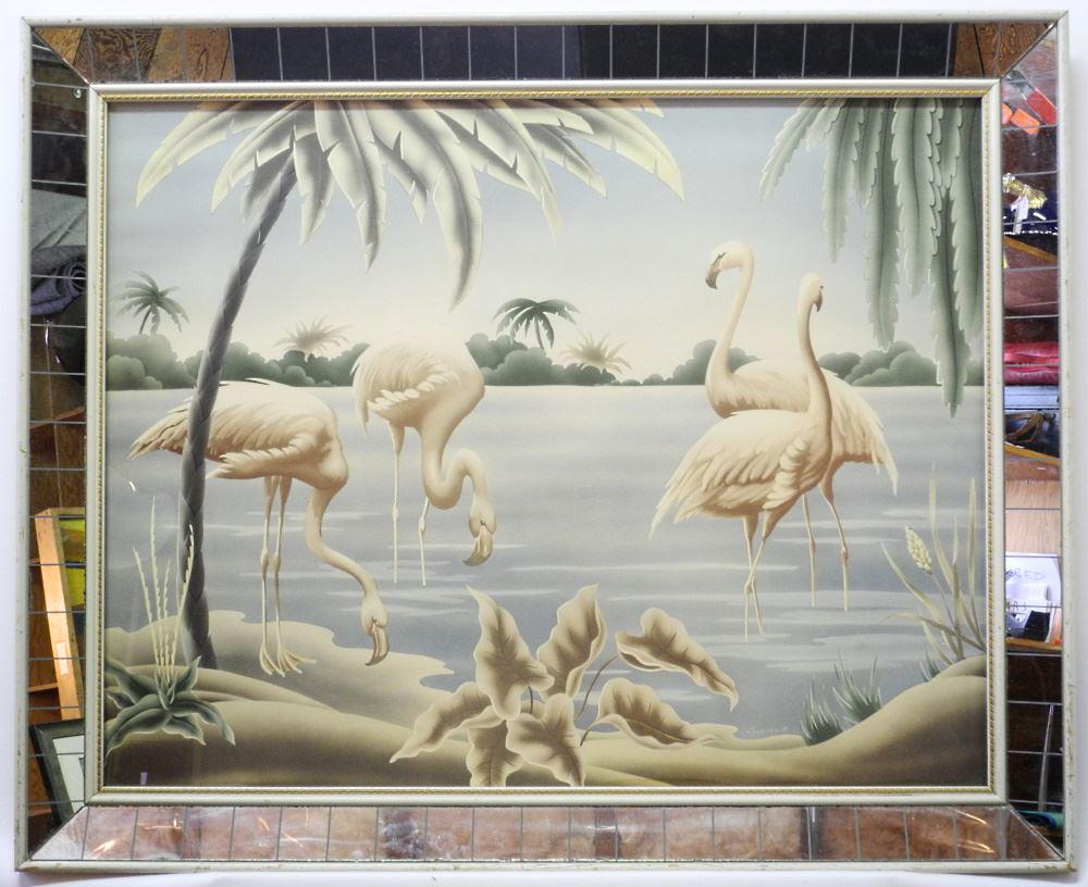 Vintage Pink Flamingo Mirror, Signed Turner, 26 1/2" x 32 1/2". (1 of 2)