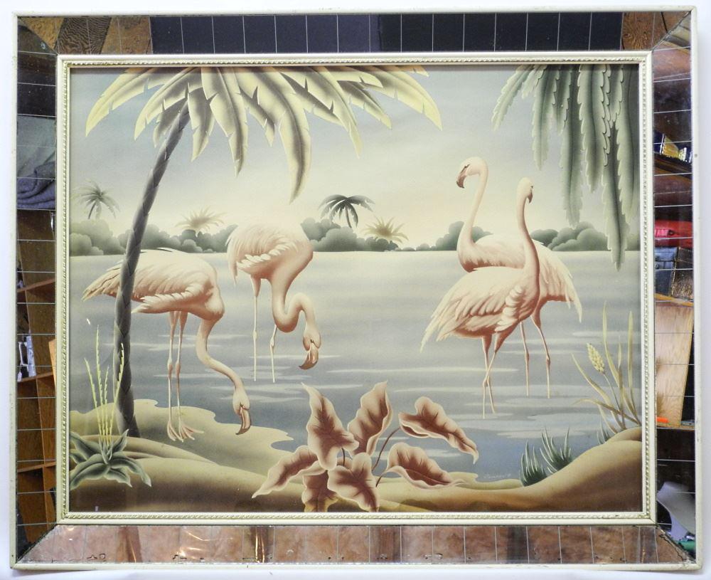 Vintage Pink Flamingo Mirror, Signed Turner, 26 1/2" x 32 1/2". (1 of 2)