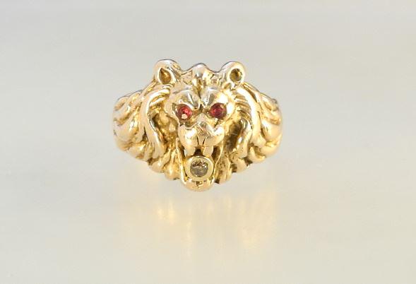 14K Yellow Gold (Tested) Ruby & Diamond Lions Head Ring, Size 8 3/4, 10.89 Grams. (1 of 5)