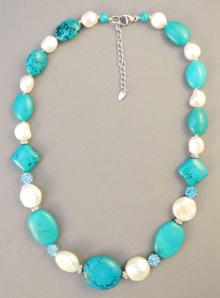 Turquoise, Freshwater Pearl & Swarovski Crystal Necklace with .925 Clasp, 18" Length. (1 of 3)