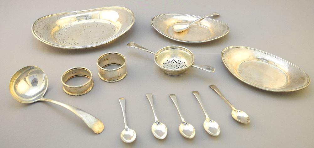 Group of Sterling Silver Sundries, 12 pieces, 418 grams, largest 7 1/8" wide (1 of 8)