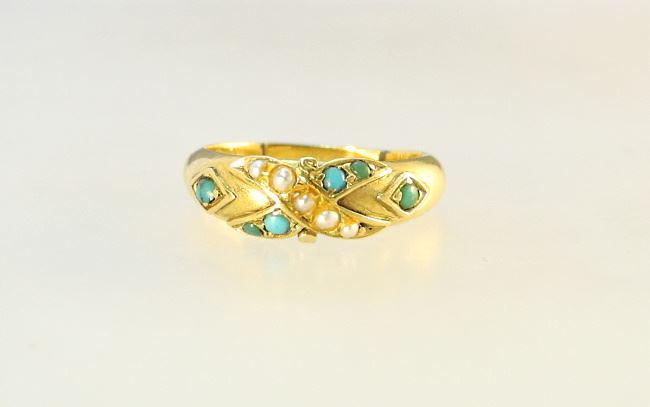 15K Yellow Gold (Hallmarked .625) Turquoise & Seed Pearl Ring, Size 4 1/2", Shank Split, 1.64G (1 of 5)