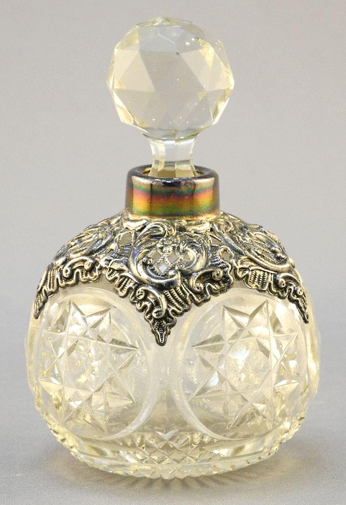 Hallmarked Silver Mounted Crystal Scent Bottle, 3 1/2" High. (1 of 3)