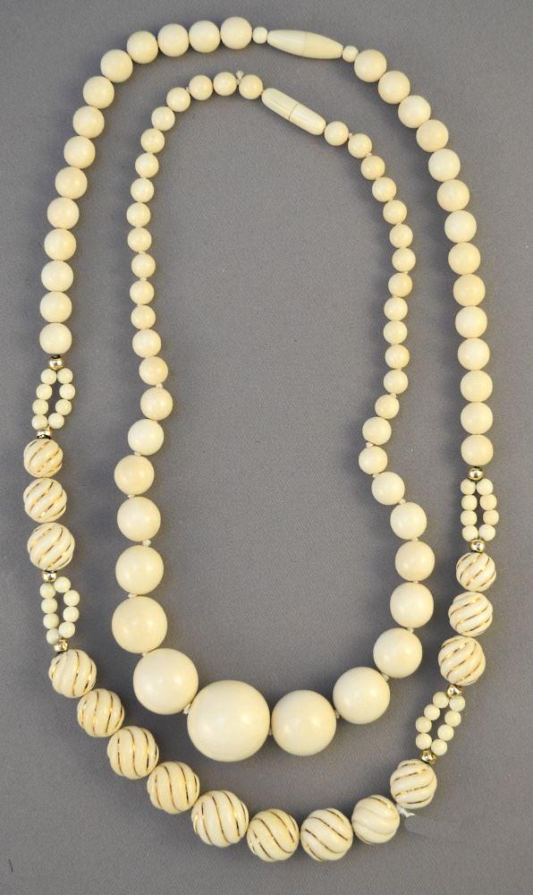 2 Ivory Necklaces, 1 Including Gold Wire, 20" Length.: 2 Ivory Necklaces, 1 Including Gold Wire, 20" Length.
