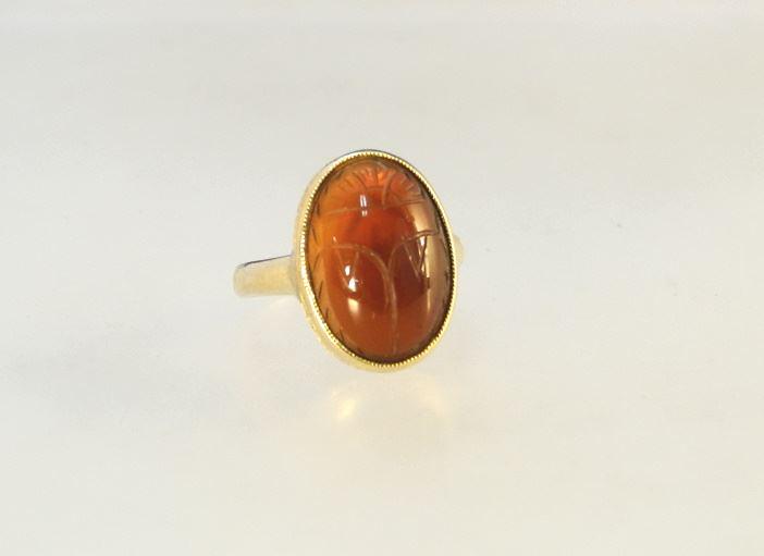 Georgian-Style 14K Yellow Gold & Carnelian Scarab Cabochon Ring, Size 2 1/4, 6.61 Grams. (1 of 4)