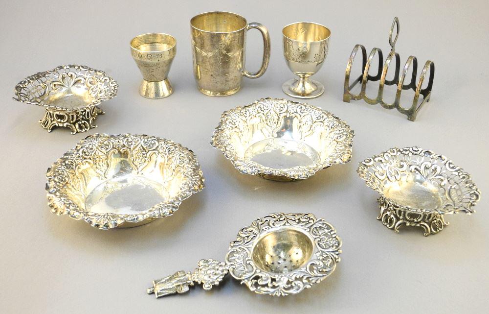 Collection of Hallmarked Silver Sundries: Egg Cup/Cup/Jigger/Toast/ Bowls/ Baskets, 390 grams. (1 of 5)