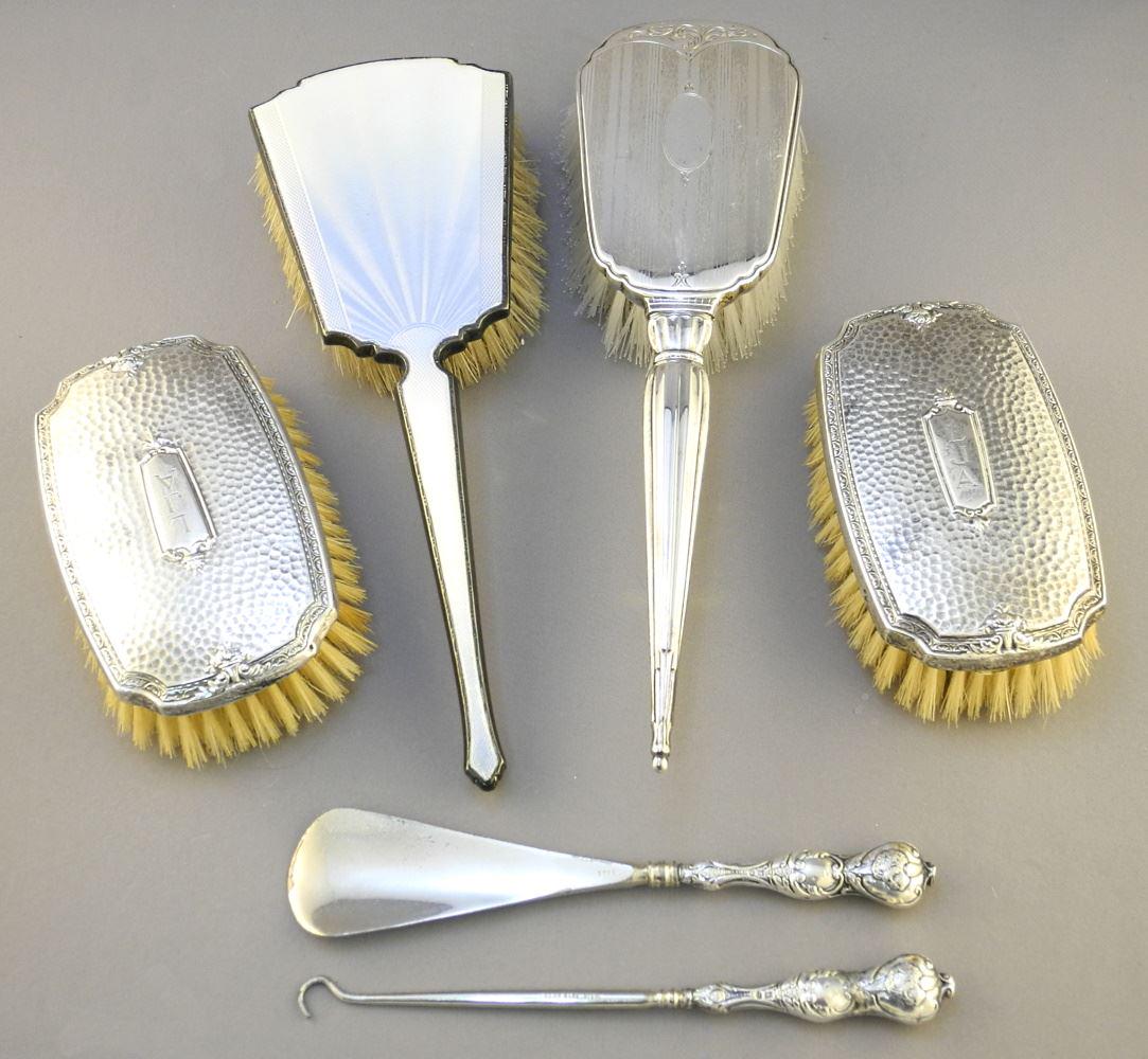 6 Sterling Silver Dresser Items: 4 Brushes/ Shoe Horn/ Button Hook, Longest 10 1/4". (1 of 3)