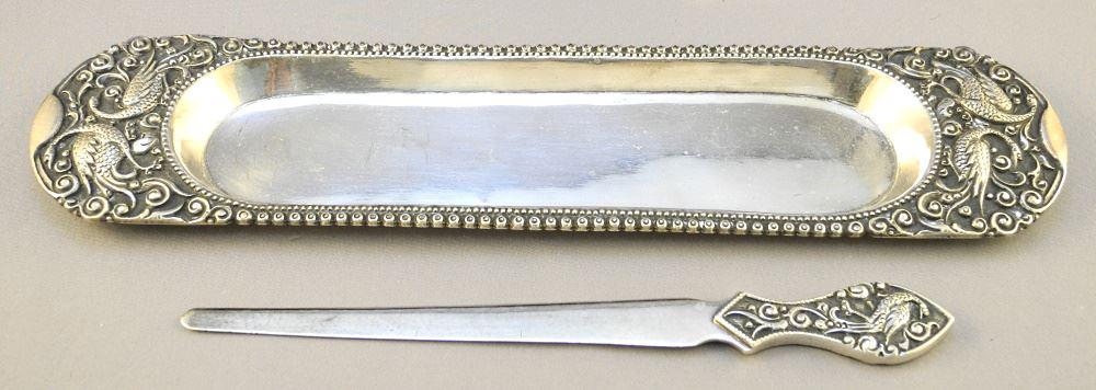 Silver .800 Embossed Letter Opener & Tray, 10 3/8" Wide, 138 Grams. (1 of 4)