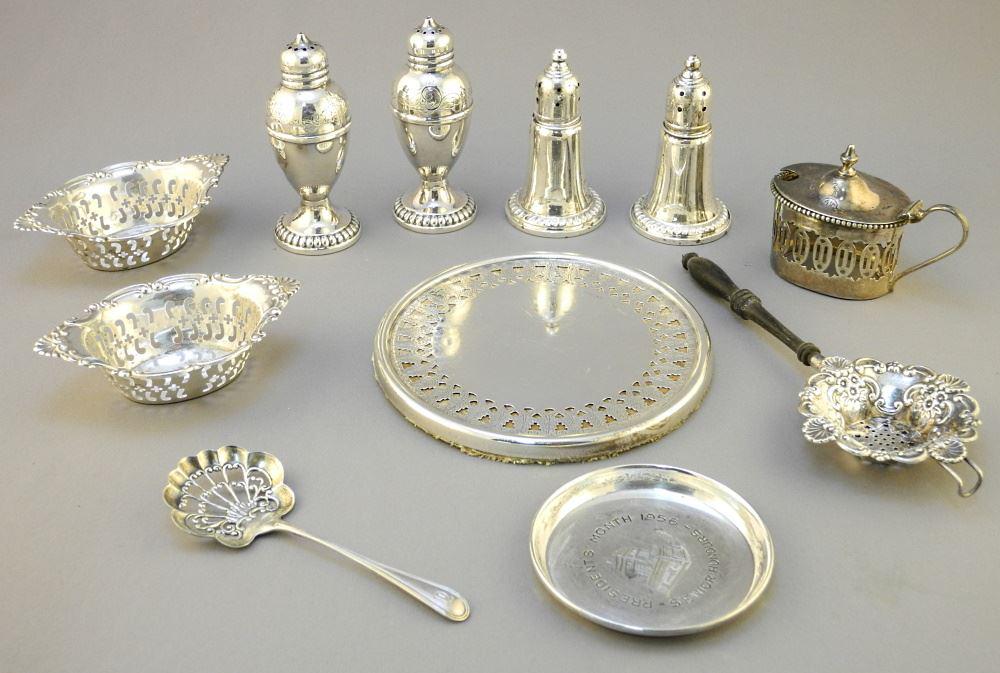 Various Sterling Silver Items: Trivet/ Salt & Peppers/ 3 Dishes/ Spoon. (1 of 5)