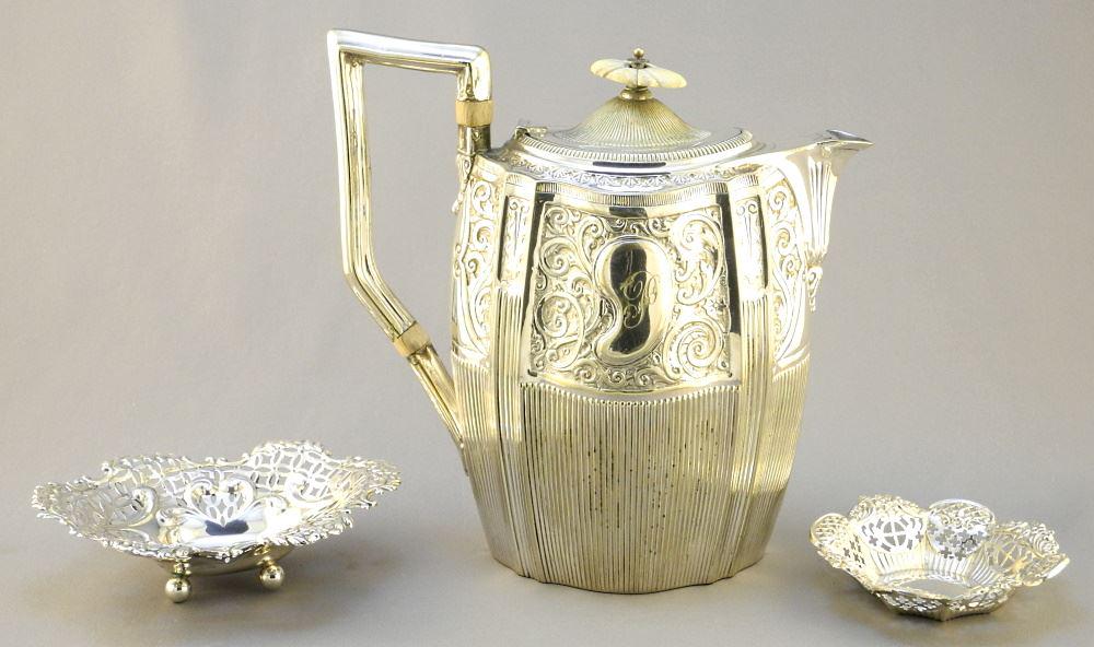 2 Hallmarked Silver Dishes and a Silver Plated Coffee Pot, 8" High, Silver 61 grams. (1 of 7)