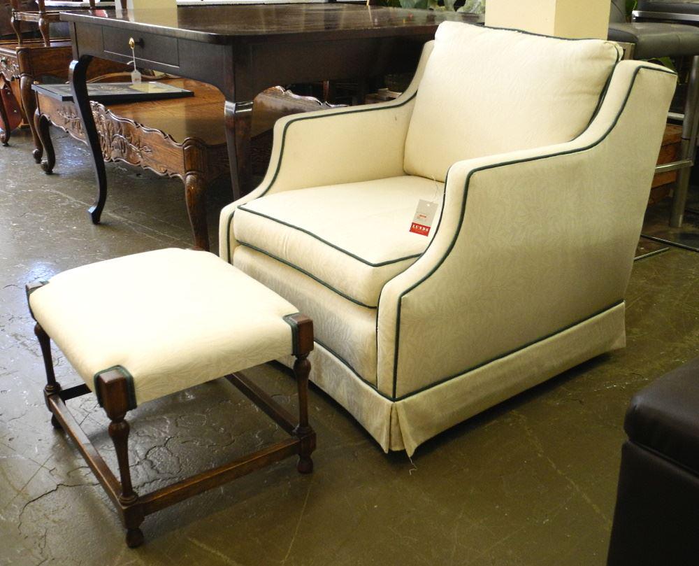 Upholstered Off White with Green Piping Chair with Matching Foot Stool.: Upholstered Off White with Green Piping Chair with Matching Foot Stool.