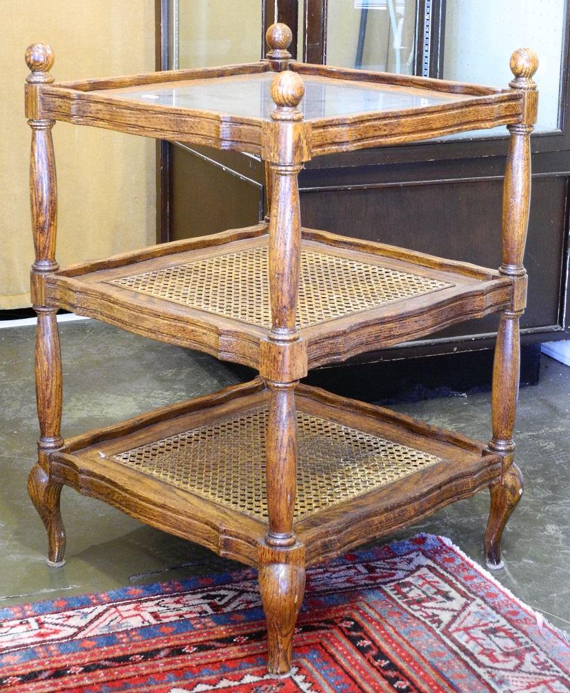 Three tiered oak side table with glass top. (1 of 1)
