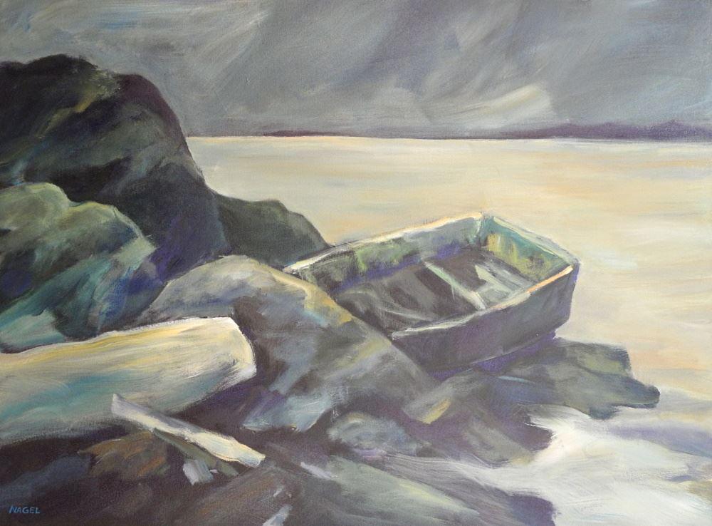 Acrylic on Canvas Signed (Marie) Nagel, 36" x 48", Untitled- Rowboat Shoreline. (1 of 5)