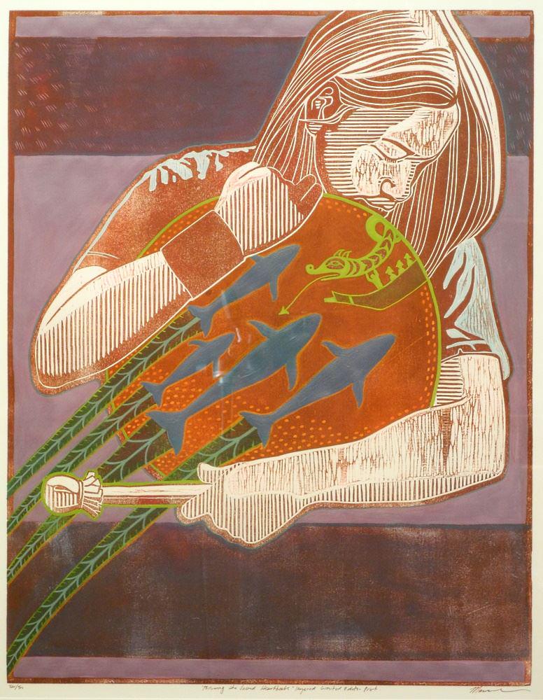 Coloured Woodblock Print Signed Marika Swan, 28 3/4" x 22 3/4", "Follow The Sacred Heart". (1 of 4)