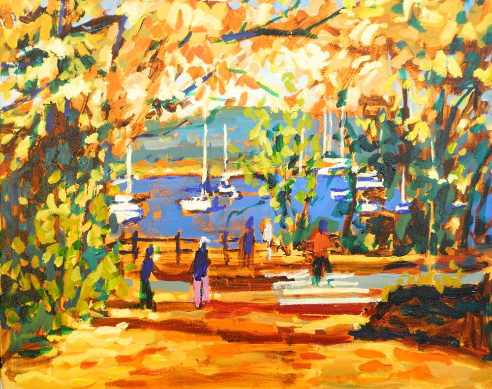 Unsigned Oil on Canvas, 24" x 30", Untitled- Exuberant Autumn Harbour View. (1 of 3)