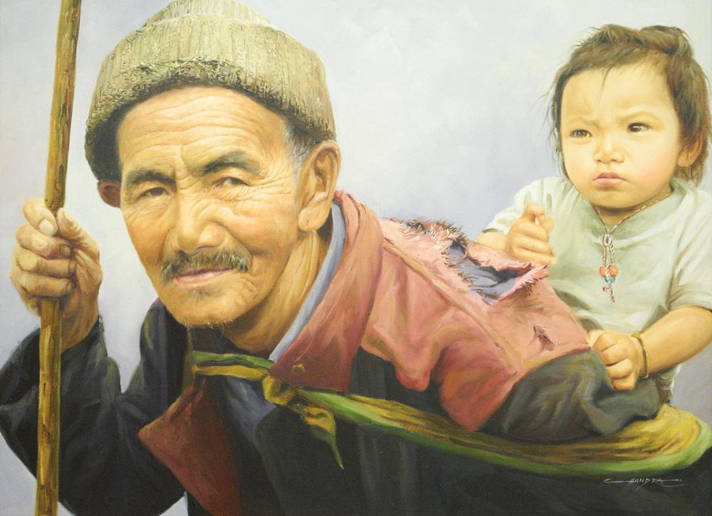 Oil on Board Signed Chandra, 22" x 30", "Portrait Old Man & Child". (1 of 4)