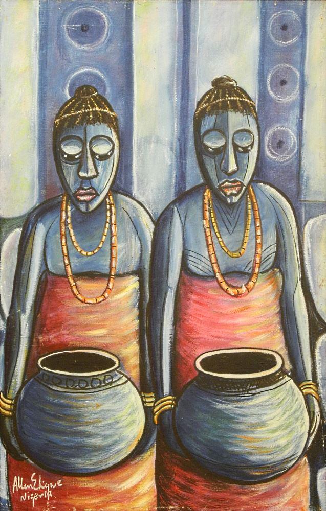 Oil on Canvas Signed Allen ******* Nigeria, 28" x 18", "Wives of the Chief, Imo State".: Oil on Canvas Signed Allen ******* Nigeria, 28" x 18", "Wives of the Chief, Imo State".