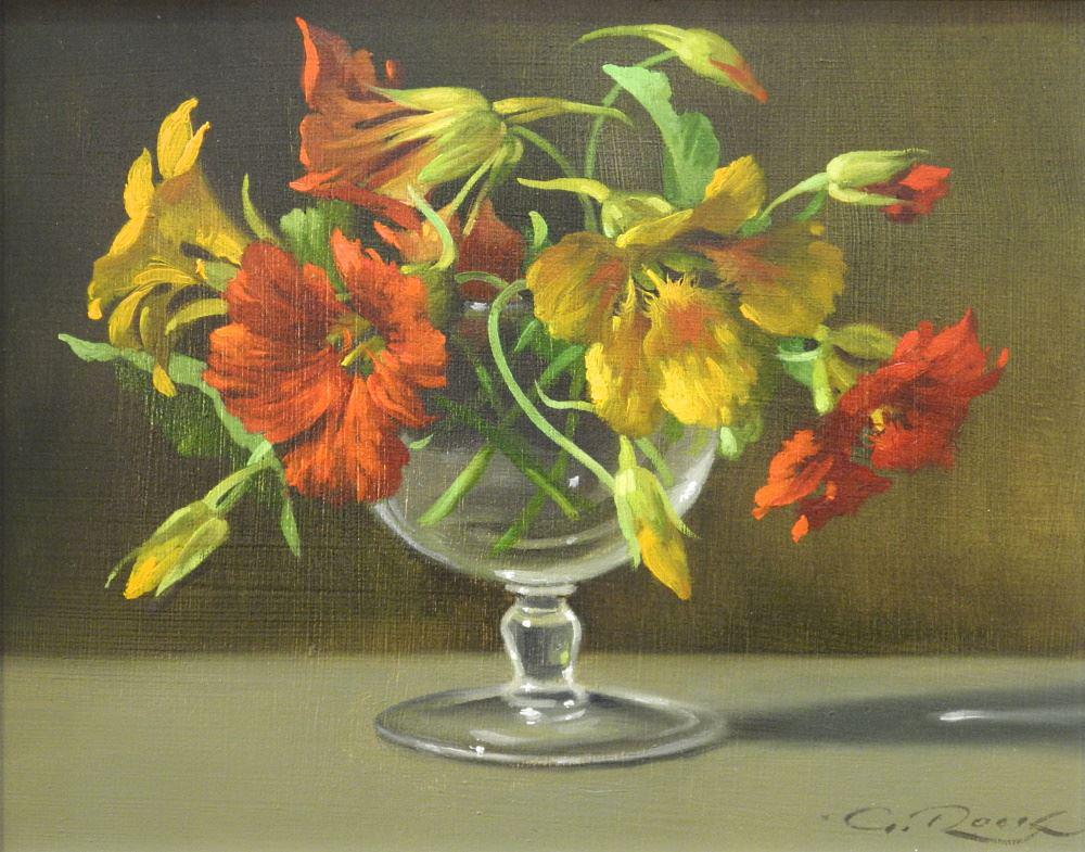Oil on Board Signed G.(Geoffrey) Rock, 8" x 10", "Nasturtiums". (1 of 4)