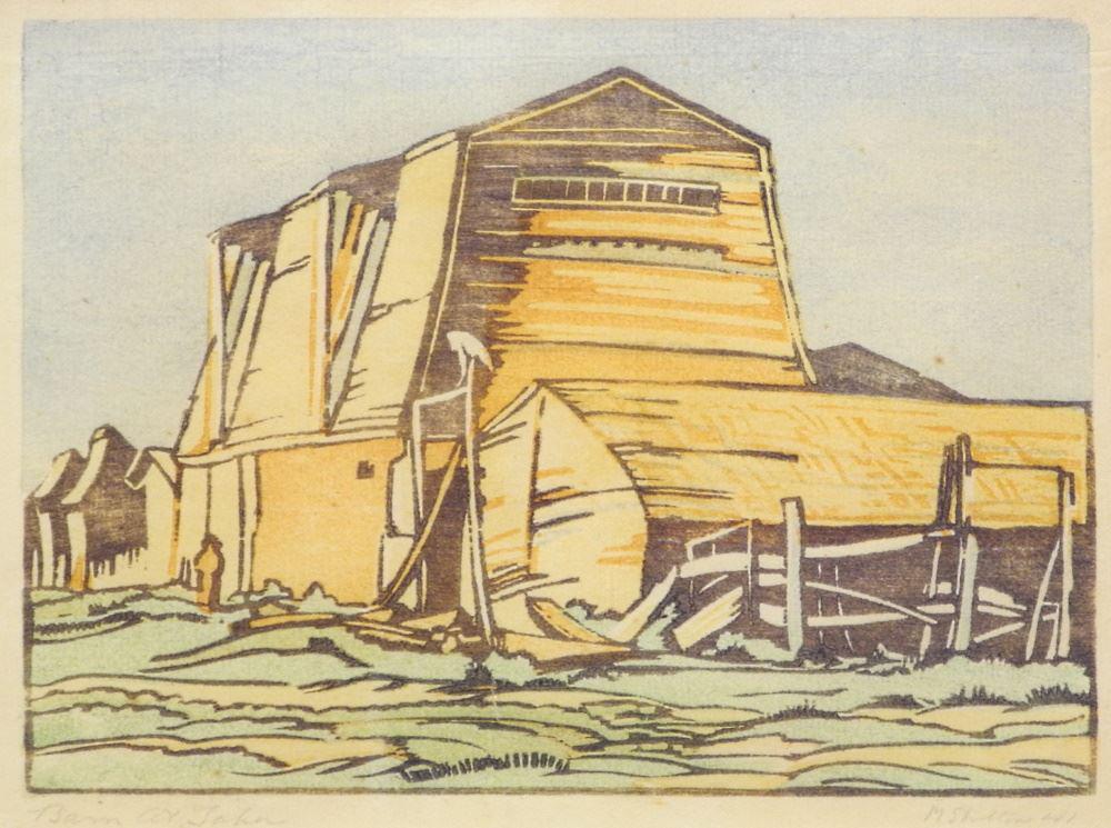 Colour Woodblock Print Signed M. (Margaret) Shelton '41, 5" x 6 5/8", "Barn at Taber". (1 of 4)