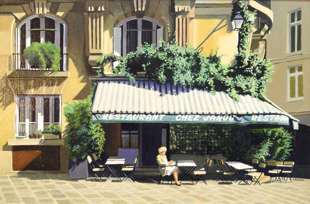 Oil on Board Signed H.(Huntley) Baldwin, 15 1/2" x 23 1/2", "Chez Janou". (1 of 5)