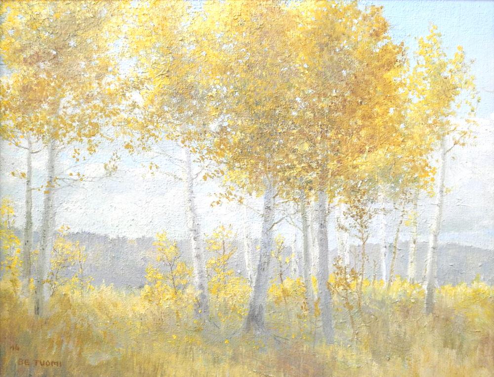 Oil on Canvas Signed B.E. Tuomi, 13 1/2" x 17 1/2", "Sunshine & Birches".: Oil on Canvas Signed B.E. Tuomi, 13 1/2" x 17 1/2", "Sunshine & Birches".