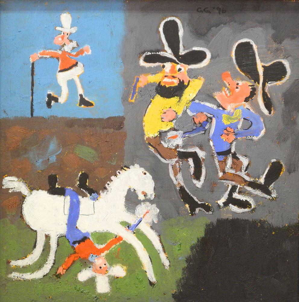 Oil on Board Monogrammed GG (George Gordienko)'96, 11 1/2" x 11 1/2", "Good Guys Always Win".: Oil on Board Monogrammed GG (George Gordienko)'96, 11 1/2" x 11 1/2", "Good Guys Always Win".