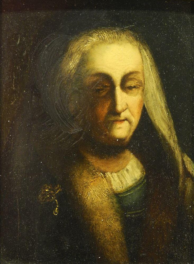 Unsigned Antique Oil on Board, 7 1/2" x 5 1/2", Portrait of an Old Woman. (1 of 2)