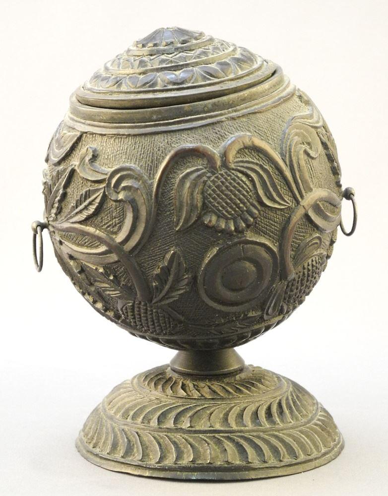 Antique Carved Coconut Shell Inlaid Bowl, 6". (1 of 3)