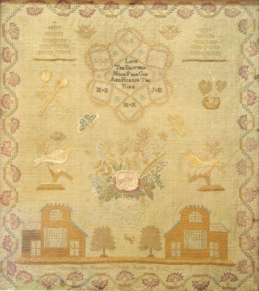 Needlework Sampler: Aged 12, AD 1817, 22" x 19 3/4".: Needlework Sampler: Aged 12, AD 1817, 22" x 19 3/4".