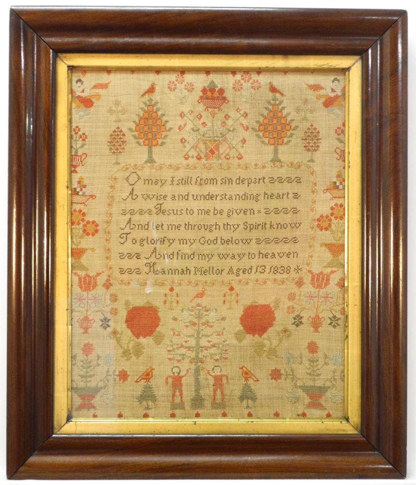 Antique Sampler: Hannah Aged 13 1838, 17 3/4" x 14". (1 of 2)