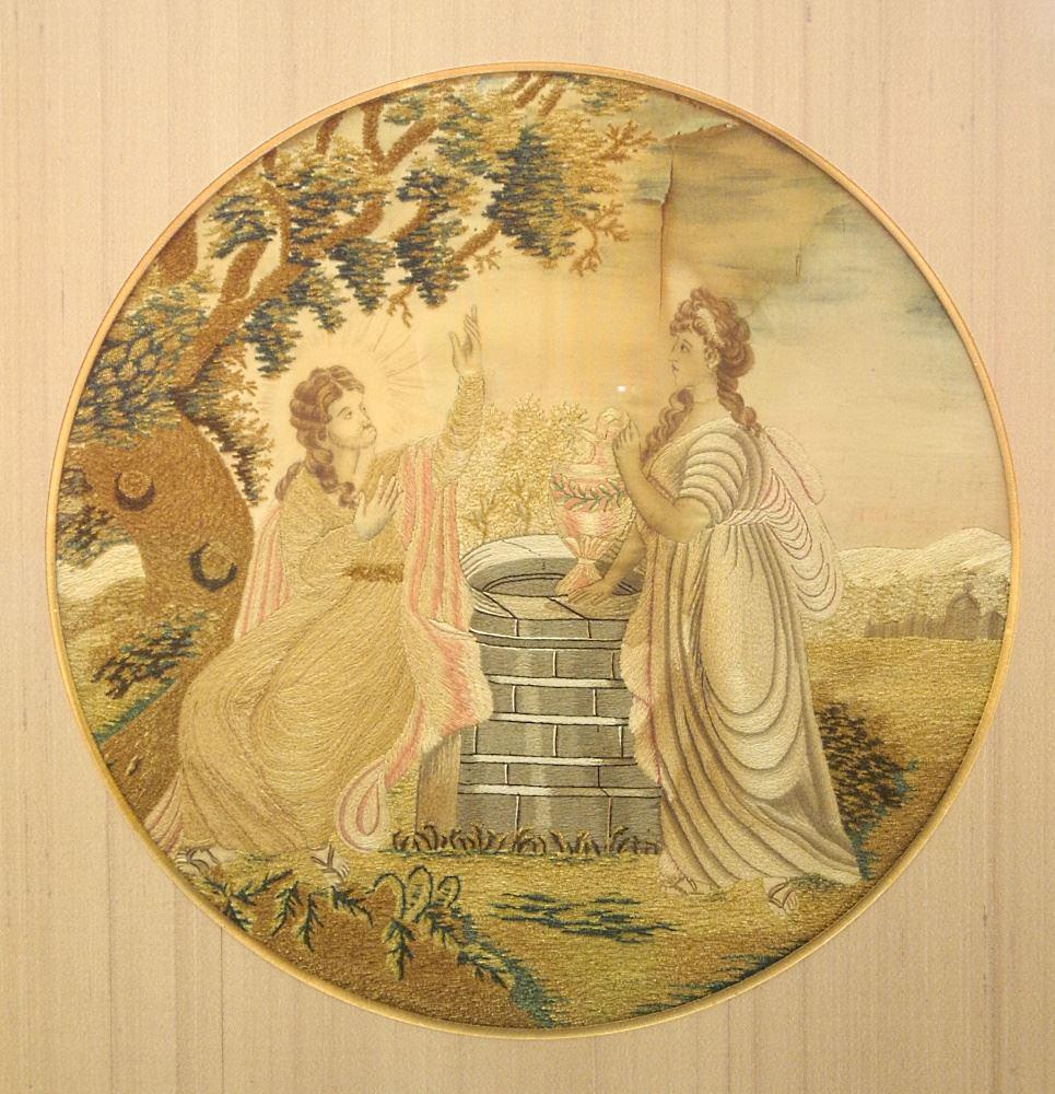 Georgian Silk Needlework, 15 3/8" Diameter, "Jesus at The Well". (1 of 2)