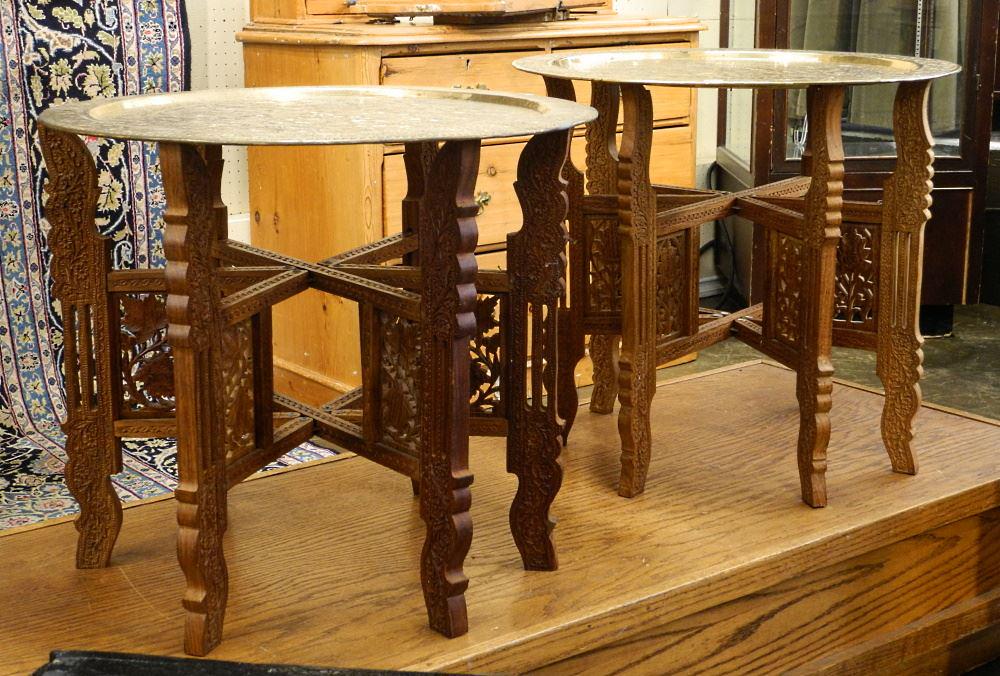 Near Pair of Indian Chip-Carved Brass Tray Tables, 23" Diameter. (1 of 3)