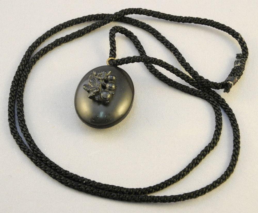 Victorian Jet Mourning Locket on Cord, 1 3/8" High. (1 of 4)