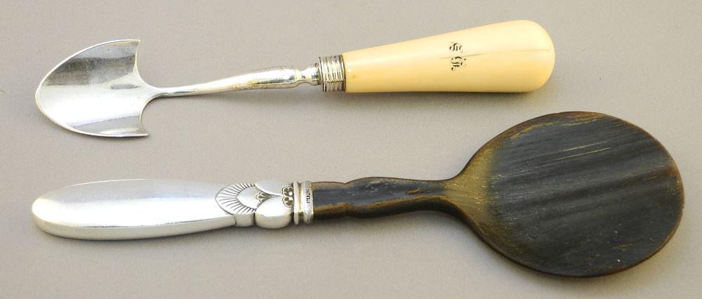 2 Sterling Silver Cutlery Items: Hallmarked Georgian Cheese Scoop & Danish-Style Horn Lifter, (1 of 4)