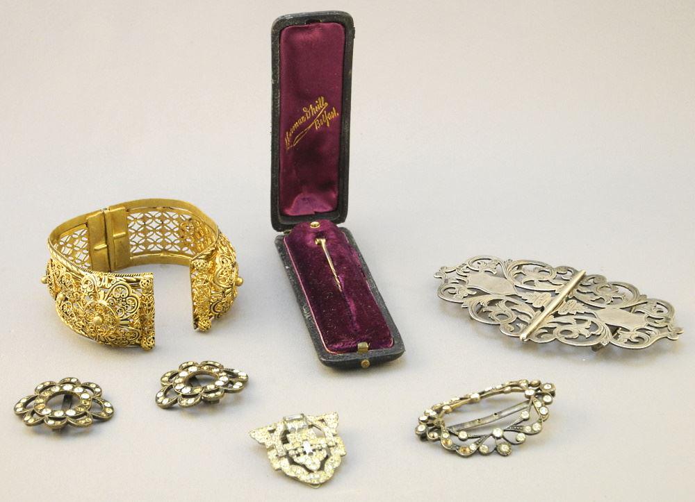 Hallmarked Silver Buckle (4"W/ 42.5 Grams) with Various Antique Buckles & a Gold-tone Bangle. (1 of 3)