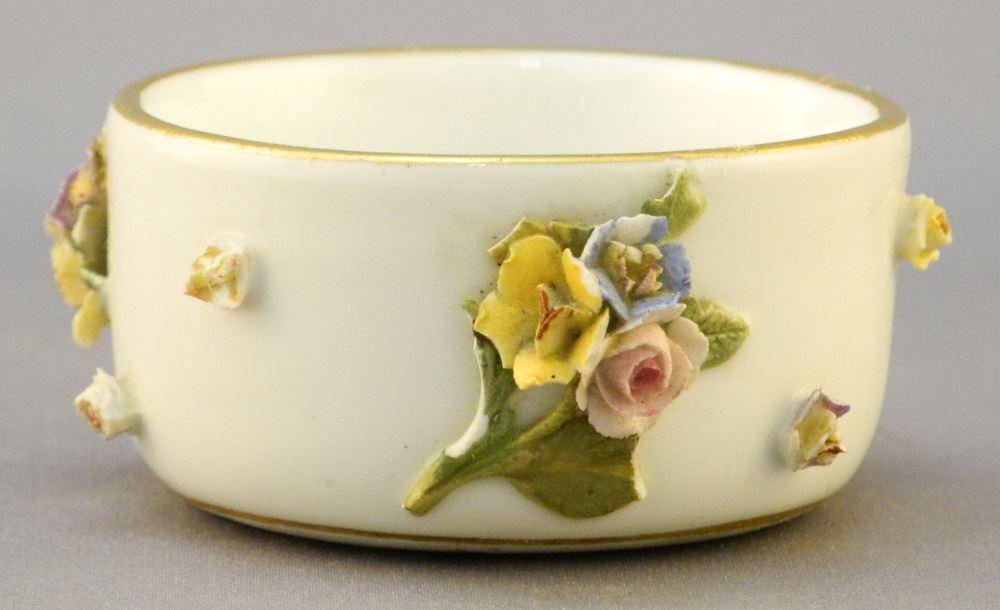 Meissen Porcelain Floral Encrusted Salt Cellar, 2" Diameter, Floral Nibbled.: Meissen Porcelain Floral Encrusted Salt Cellar, 2" Diameter, Floral Nibbled.
