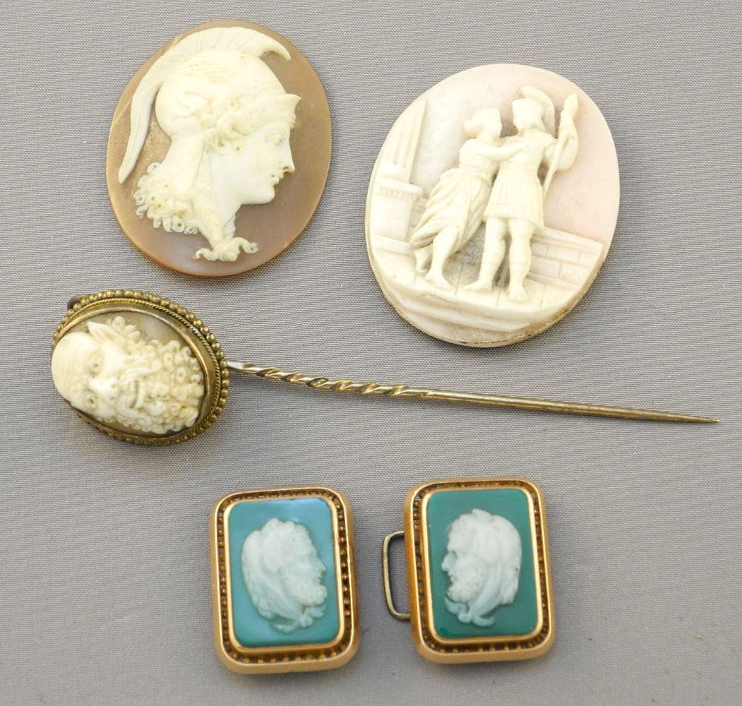 19th C. Pate de Verre Cameo Buckle (1 1/2"W) with 3 Portrait & Figural Cameo Items, Gold-tone Fra (1 of 1)