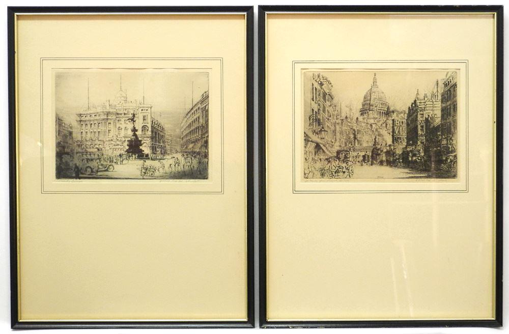 2 Etchings Signed W.(William) Monk, 7 1/2" x 10 1/4", "Piccadilly Circus" & "St.Paul's". (1 of 7)