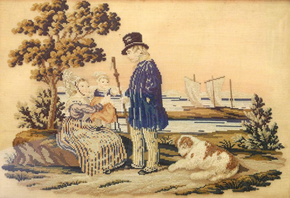 Georgian Stumpwork Needlework Marine Scene, 13 1/8" x 19 1/4".: Georgian Stumpwork Needlework Marine Scene, 13 1/8" x 19 1/4".