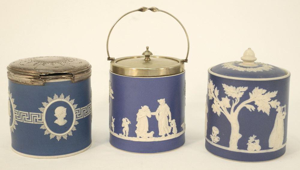 3 Dudson Jasperware Blue & White Biscuit Jars with Lids, 6 1/2" High.: 3 Dudson Jasperware Blue & White Biscuit Jars with Lids, 6 1/2" High.