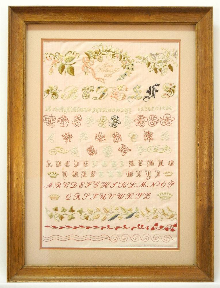 Needlework Sampler Signed (Countess) Rosa Holzappel 1896, 17" x 11". (1 of 3)